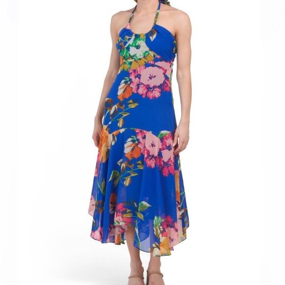 NWT Taylor Blue Floral Maxi Dress Open Back Halter Neckline Ruffled Hem Women 10 - Picture 6 of 6